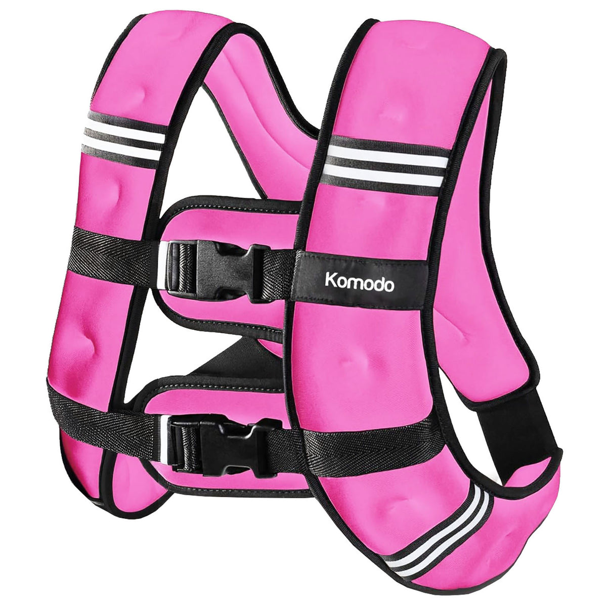 A neoprene weight vest in pink with plastic buckles and adjustable straps