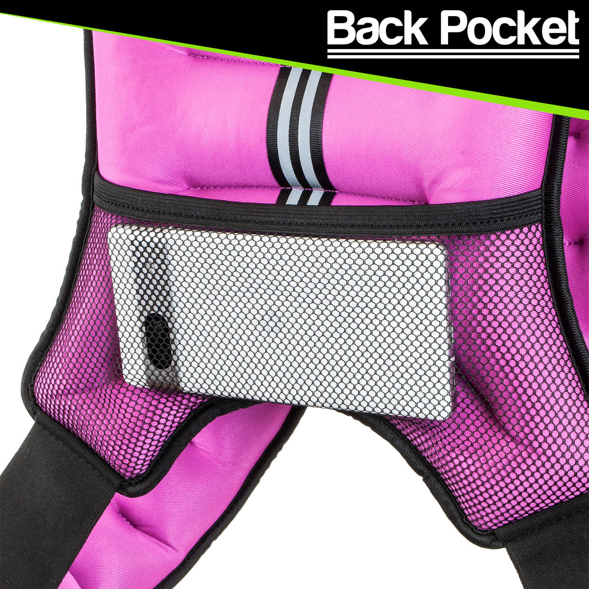 Close-up of a bright pink and black mesh back pocket on a weighted vest, with a white smartphone shown inside the pocket. A black banner at the top reads 'Back Pocket'.