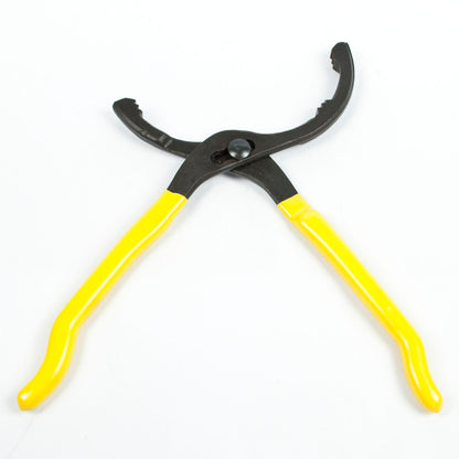A pair of oil pliers with bright yellow handles and black metal jaws, shown on a plain white background.