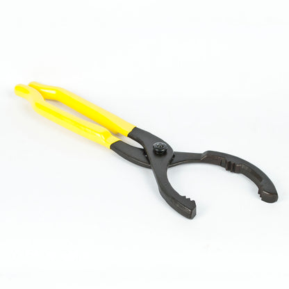 A pair of heavy-duty pliers with bright yellow handles and black metal jaws, shown on a clean white background.