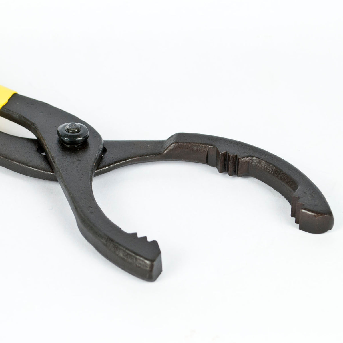 Black metal pipe wrench with a yellow handle grip, shown on a plain white background.