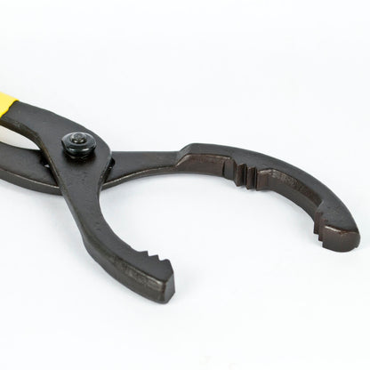 Black metal pipe wrench with a yellow handle grip, shown on a plain white background.
