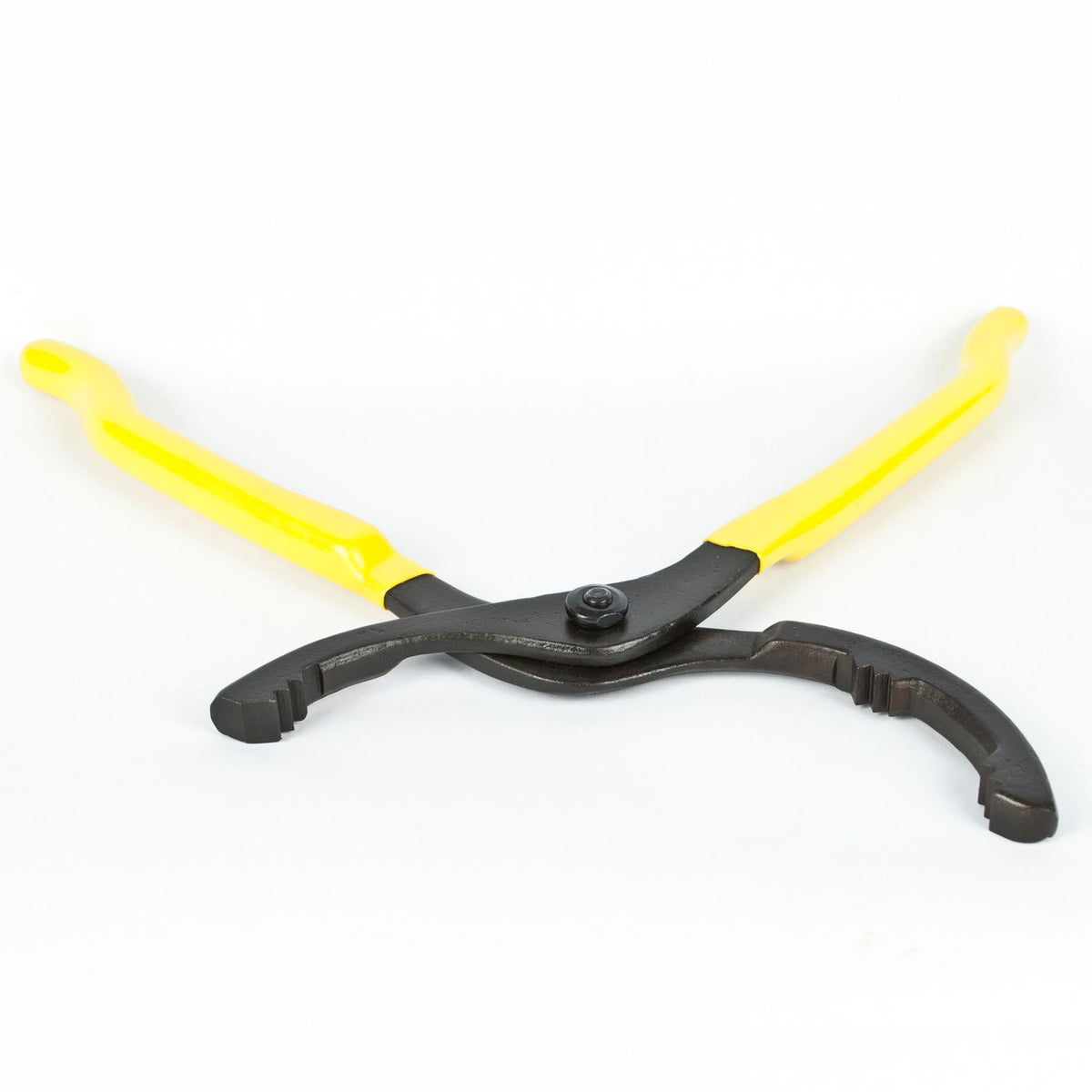 A pair of heavy-duty oil filter pliers with bright yellow handles and a black metal jaw, shown on a plain white background.