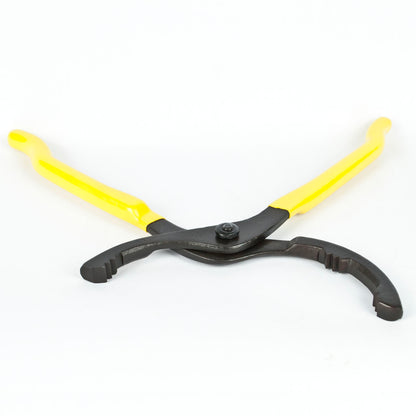 A pair of heavy-duty oil filter pliers with bright yellow handles and a black metal jaw, shown on a plain white background.