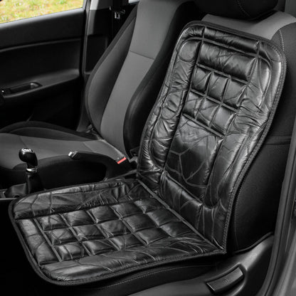 A black quilted car seat cushion set installed on a gray car seat, showing the front and backrest sections inside a vehicle.