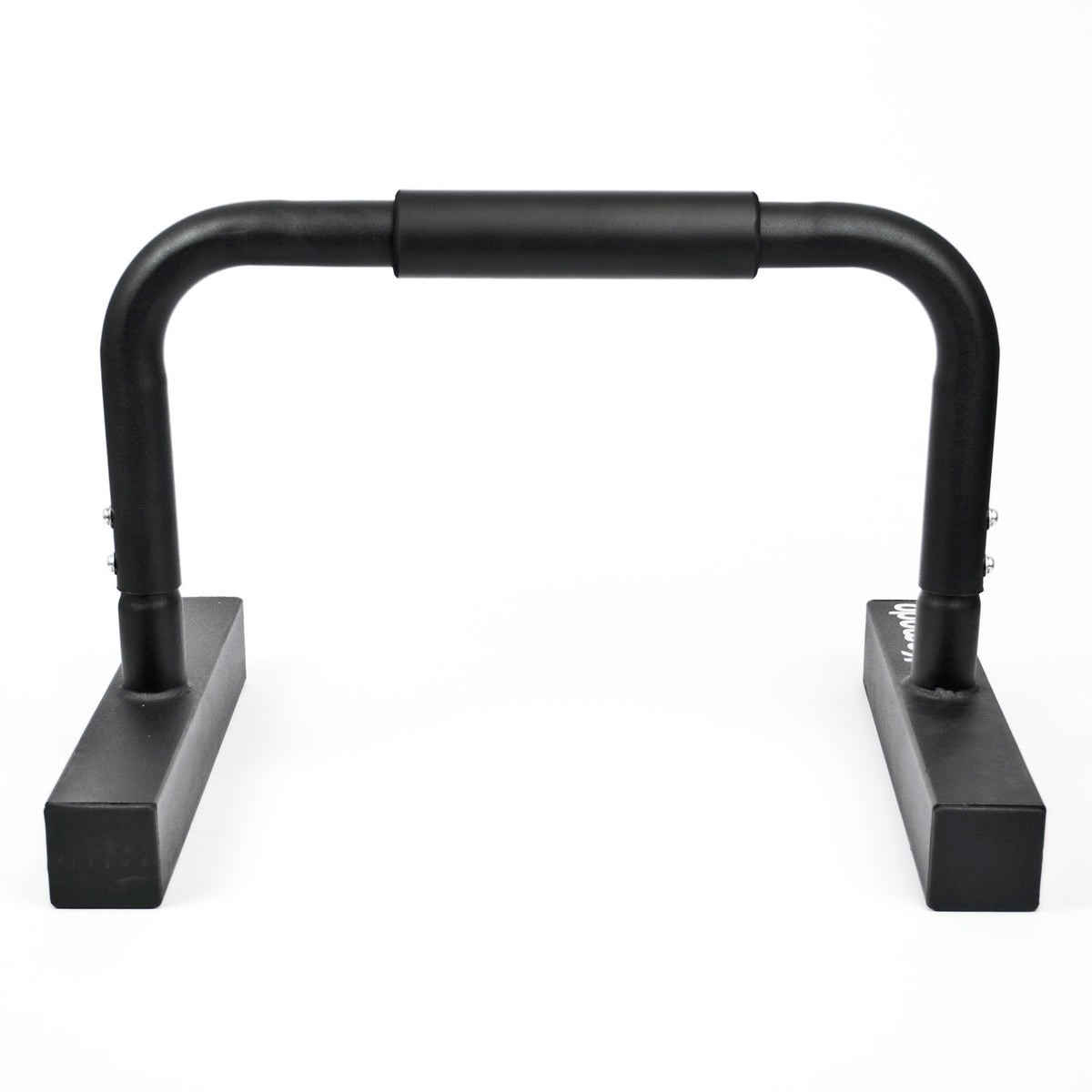 Black metal push-up bar with a padded handlebar on a white background.