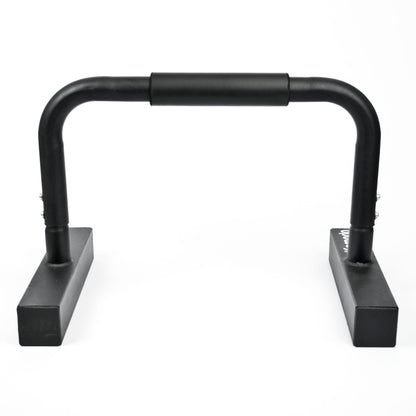 Black metal push-up bar with a padded handlebar on a white background.
