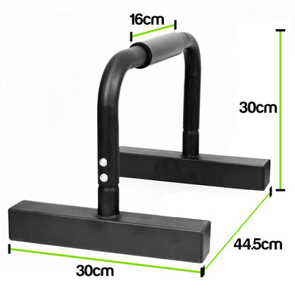 A black U-shaped push-up bar with rectangular base plates, shown with green dimension lines and text labels indicating 30 cm width, 30 cm height, and 16 cm handle width on a white background.