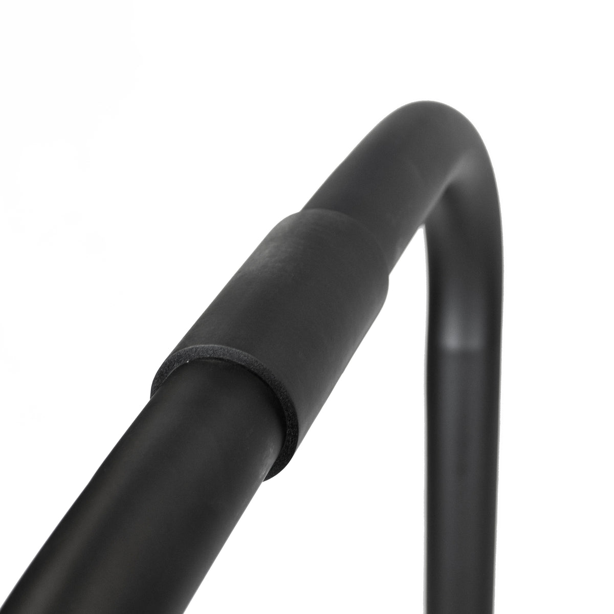 Close-up of a black curved metal frame tube with a textured grip sleeve on a plain white background.