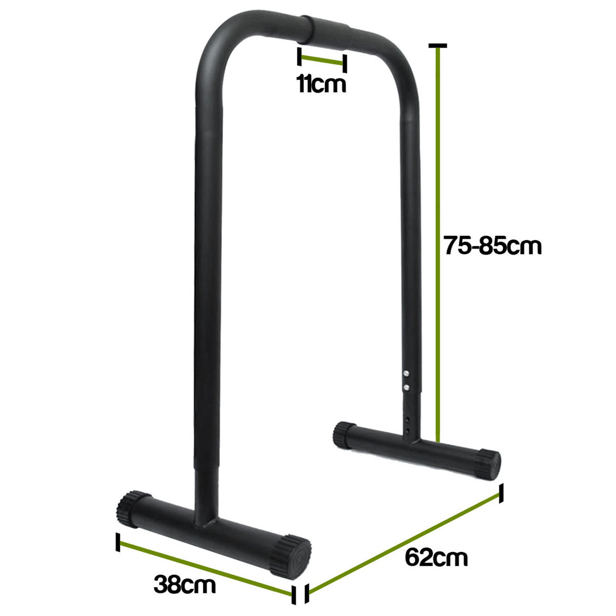 Black metal dip bars with overlaid dimension labels showing 38cm base width, 62cm front base width, 75-85cm upright height, and 11cm top grip width on a white background.