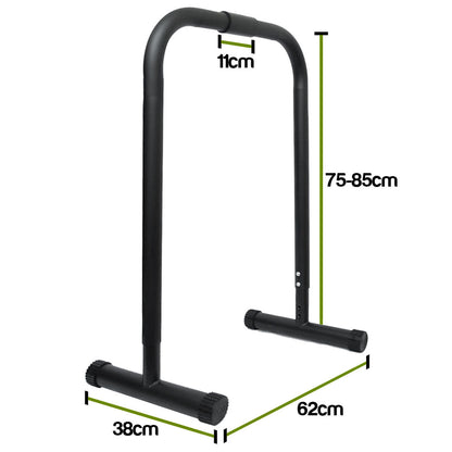 Black metal dip bars with overlaid dimension labels showing 38cm base width, 62cm front base width, 75-85cm upright height, and 11cm top grip width on a white background.