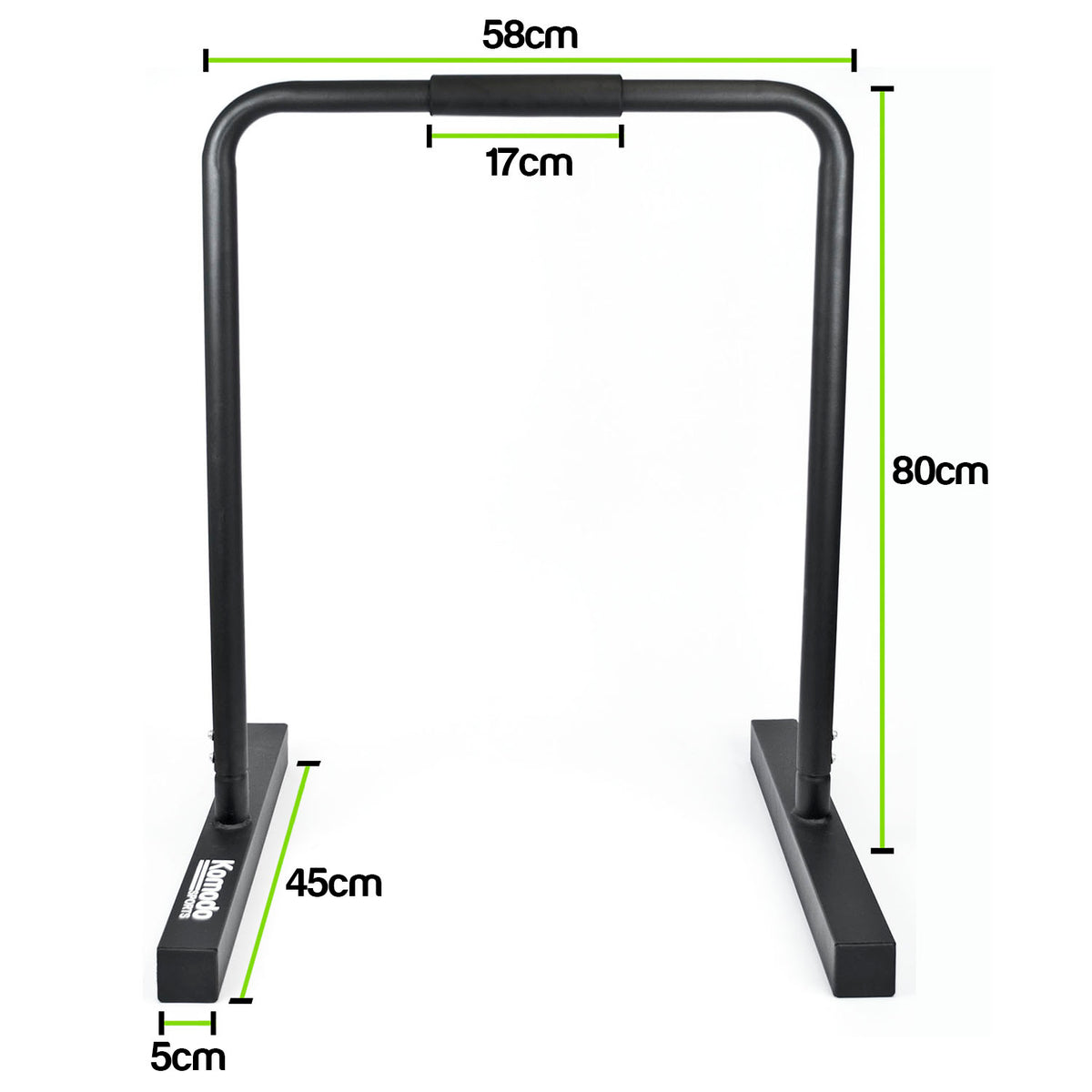 Black metal dip bar frame with dimension annotations showing 58cm top bar length, 80cm height, 45cm base width, 17cm grip width, and 5cm base depth on a white background.