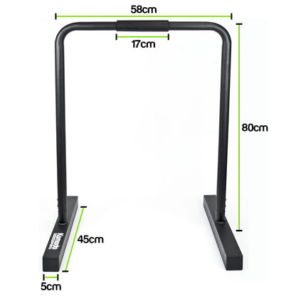 Black metal dip bar frame with dimension annotations showing 58cm top bar length, 80cm height, 45cm base width, 17cm grip width, and 5cm base depth on a white background.