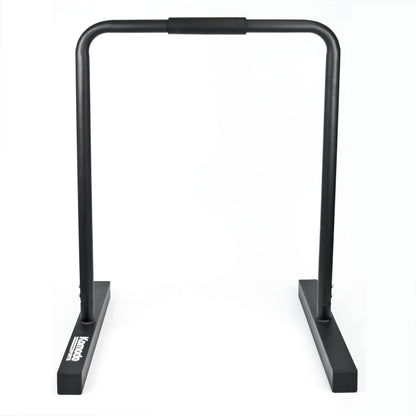 A black metal push-up bar frame with a foam grip on the top bar and a stable rectangular base, shown on a plain white background.