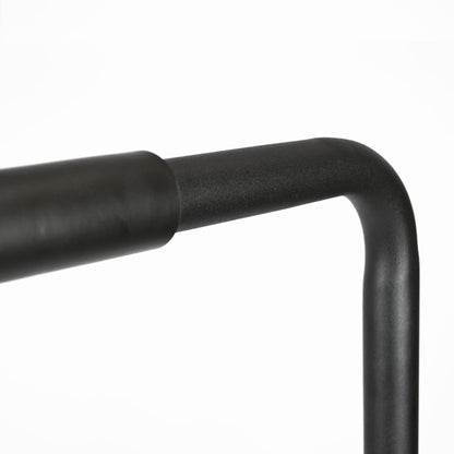 Close-up of a black metal frame bar with a rounded corner and textured finish on a plain white background.
