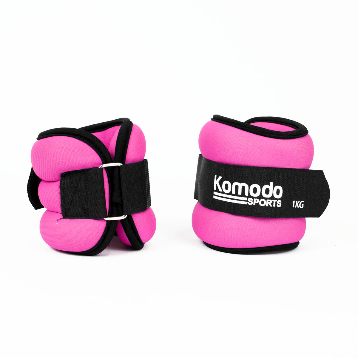 Pink ankle weights with black straps and 'Komodo Sports' branding on a white background