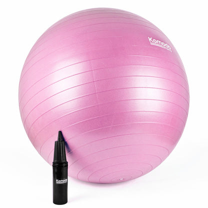 Pink exercise ball with a pump on a white background