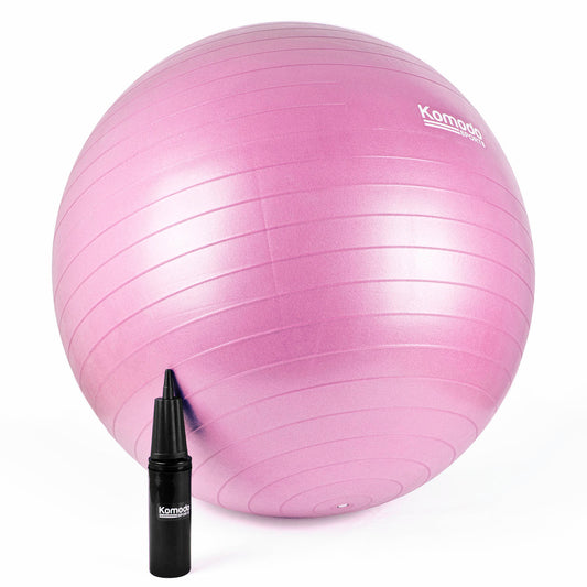 Pink exercise ball with a pump on a white background
