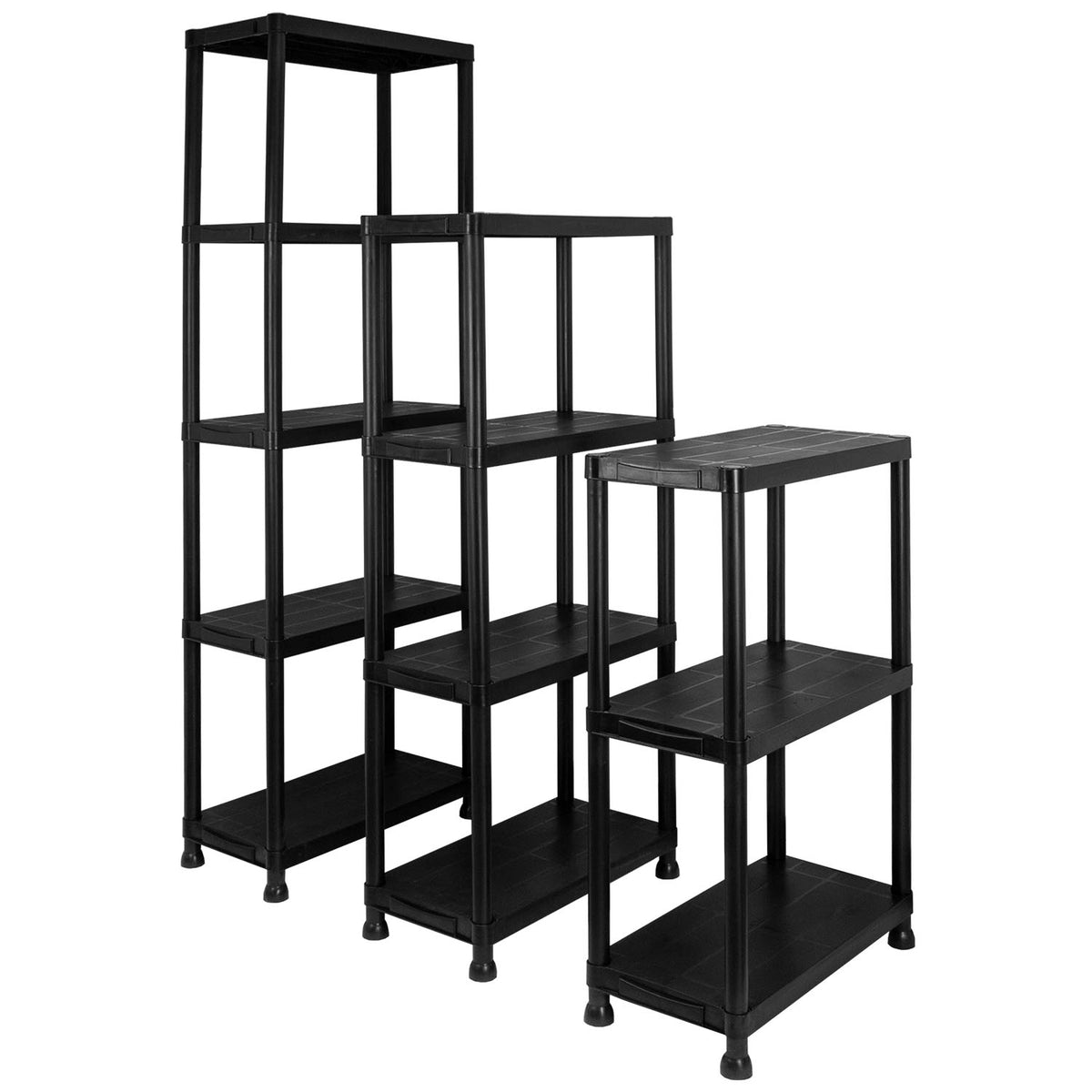 Three black plastic shelving units of different heights and shelf counts, arranged against a plain white background.