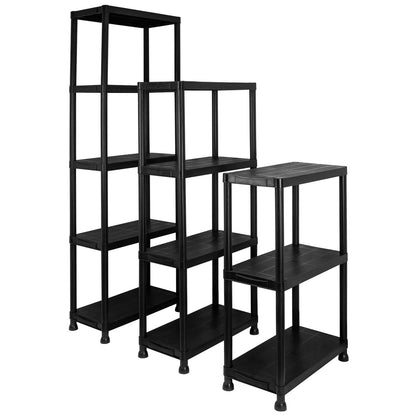 Three black plastic shelving units of different heights and shelf counts, arranged against a plain white background.