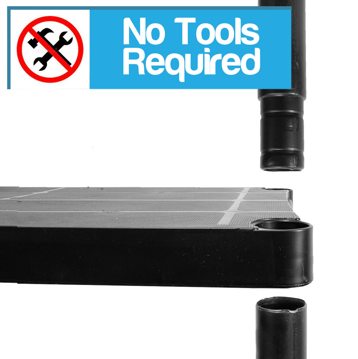Close-up of a black plastic shelving unit frame with a sign reading 'No Tools Required' and a wrench icon, showing parts separated to demonstrate assembly ease.