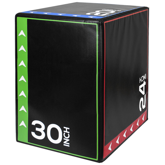 A black plyo box with green, red, and white markings, featuring '30 INCH' printed on the front and side panels.