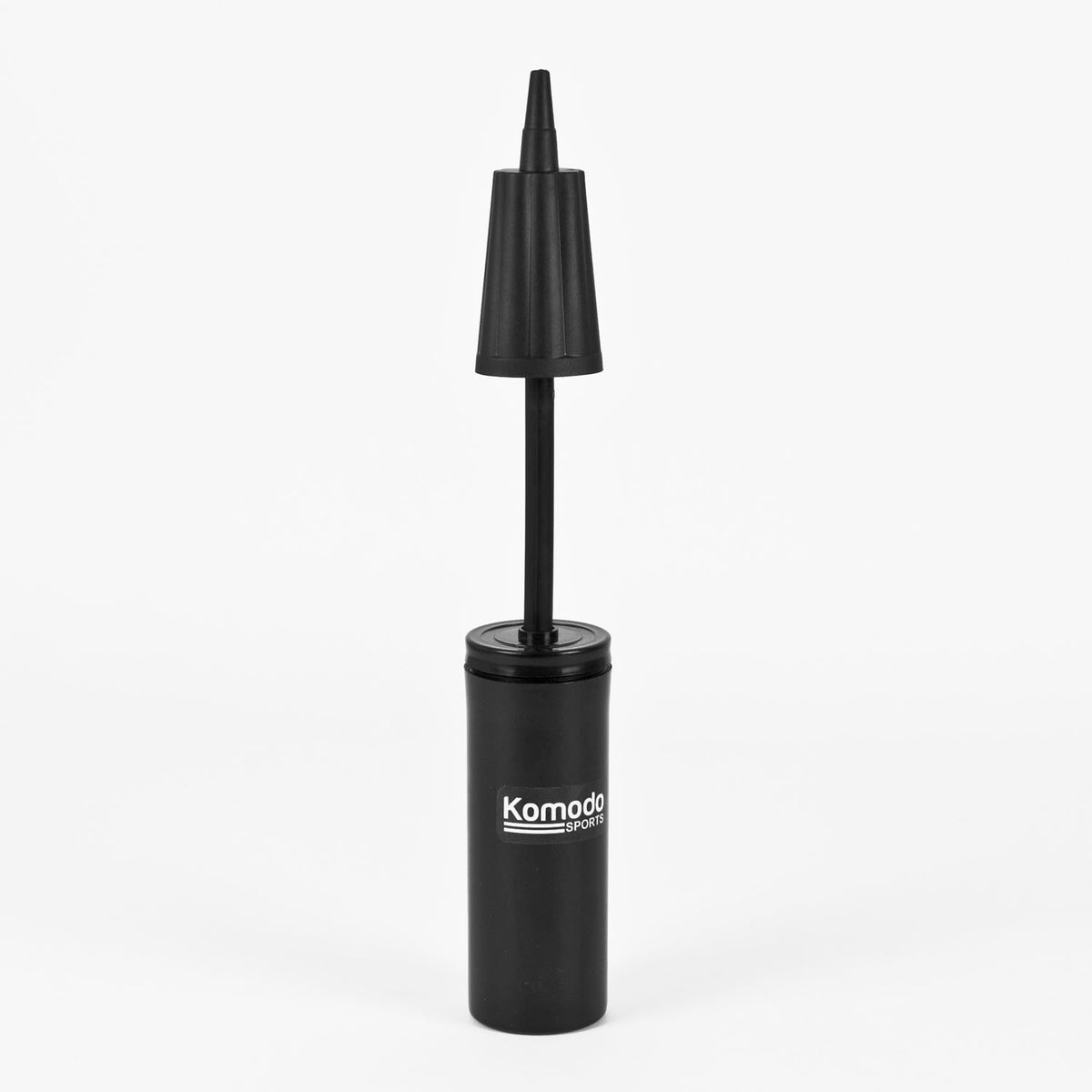 A black manual pump with a cylindrical base and a pointed nozzle, featuring the 'Komodo' brand logo on the side, set against a plain white background.