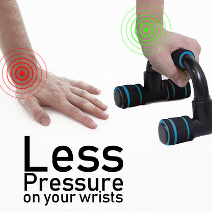 A pair of black wrist roller exercise handles with blue accents, shown being used by a person's hand against a white background with red and green concentric circle graphics and the text 'Less Pressure on your wrists'.