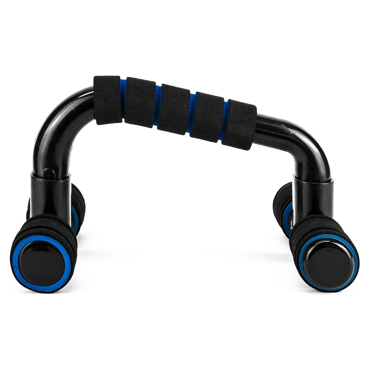 A black adjustable push-up bar with textured foam grips and blue accent rings, shown on a clean white background.
