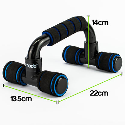 Black and blue push-up bar with foam padding and dimension labels showing 13.5cm width, 22cm depth, and 14cm height on a white background.