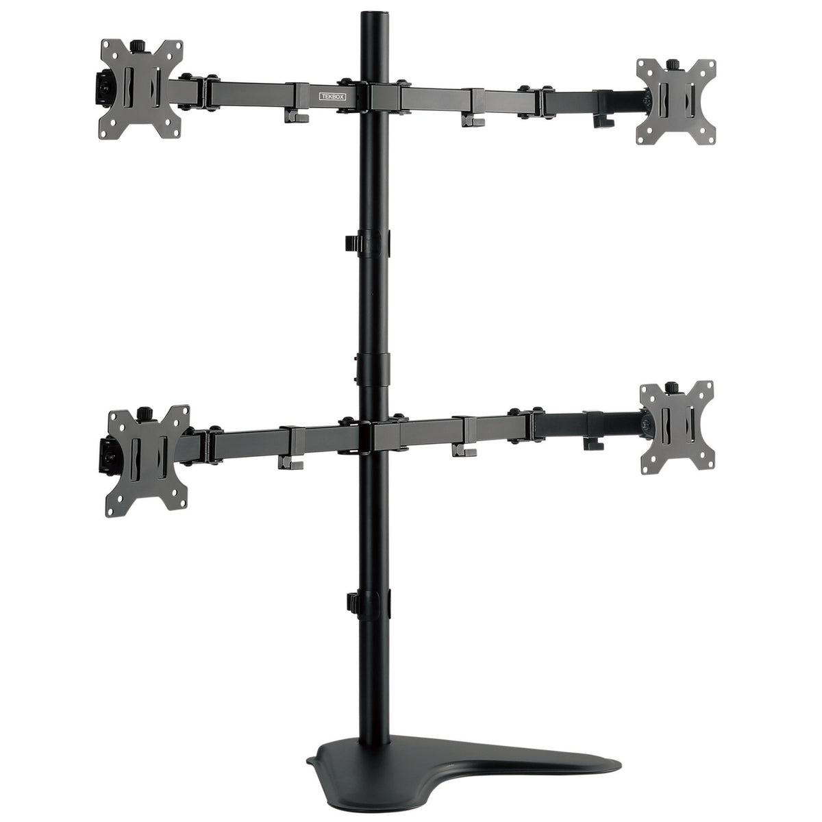 A quad monitor stand with a black central pole and base, featuring two horizontal arms with silver and black VESA-compatible monitor mounts on each side, shown against a plain white background.