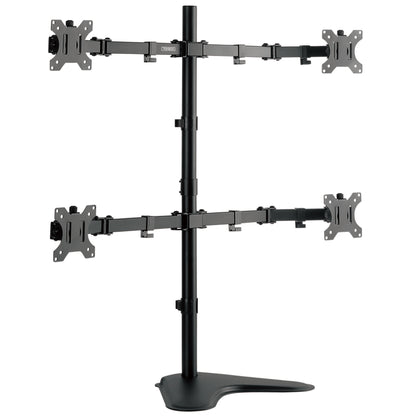 A quad monitor stand with a black central pole and base, featuring two horizontal arms with silver and black VESA-compatible monitor mounts on each side, shown against a plain white background.
