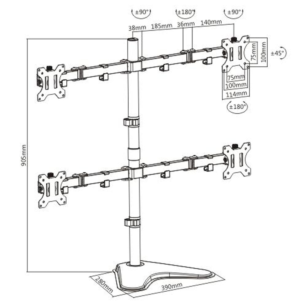 Black and white technical line drawing of a quad monitor stand with dimension annotations, including 955 mm height, 380 mm base width, 280 mm depth, and monitor arm measurements with angle labels.