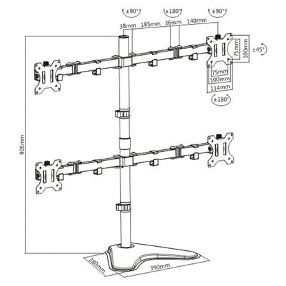 Black and white technical line drawing of a quad monitor stand with dimension annotations, including 955 mm height, 380 mm base width, 280 mm depth, and monitor arm measurements with angle labels.