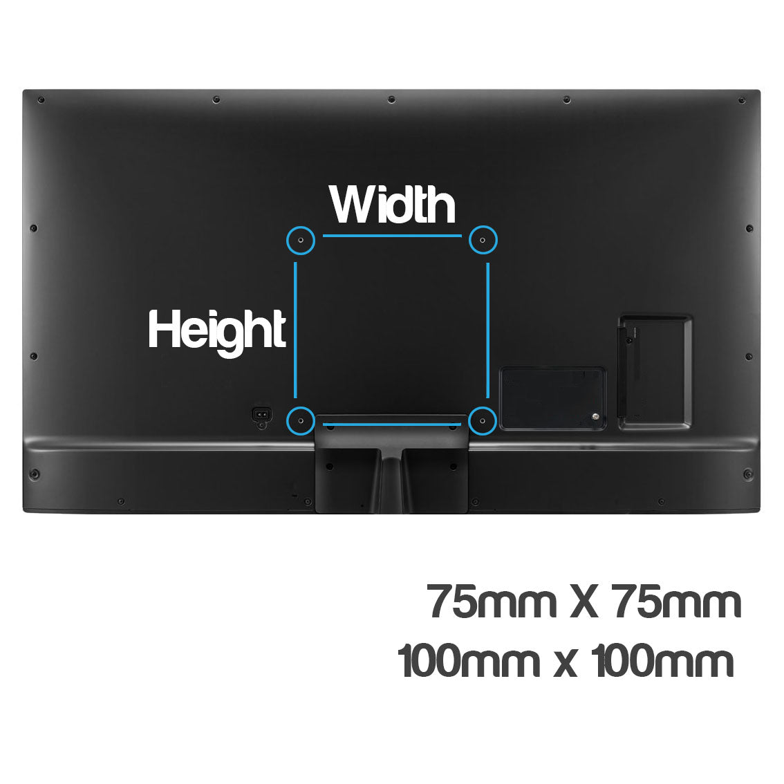 Back view of a black monitor or TV with overlaid blue lines and white text labeling width and height, plus size text reading 75mm x 75mm and 100mm x 100mm on a white background.