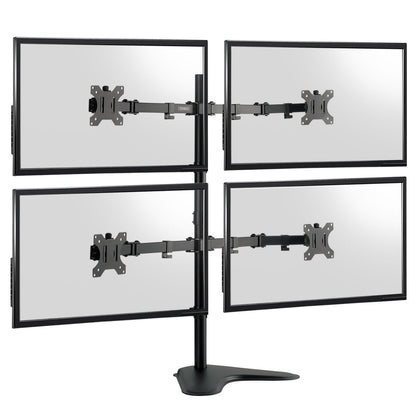 A 4-monitor desktop display stand with a black metal base and four adjustable arm mounts, shown against a plain white background.