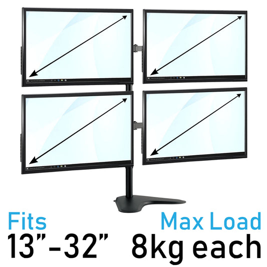 Four-monitor desktop monitor stand with four black screens on a black multi-monitor stand, shown on a white background with text overlays indicating fit for 13-32 inch screens and a max load of 8kg each.
