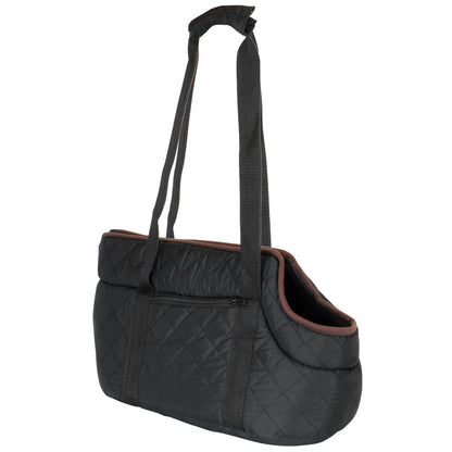 A black quilted pet carrier bag with a long shoulder strap, featuring a zippered front pocket and brown piping visible at the opening, shown against a plain white background.