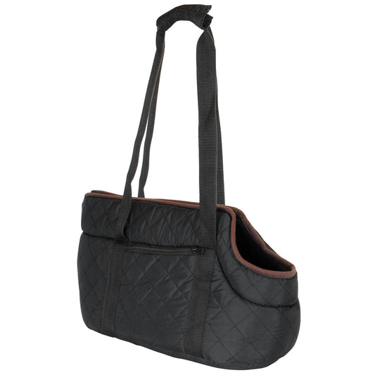 A black quilted pet carrier bag with a long shoulder strap, featuring a zippered front pocket and brown piping visible at the opening, shown against a plain white background.