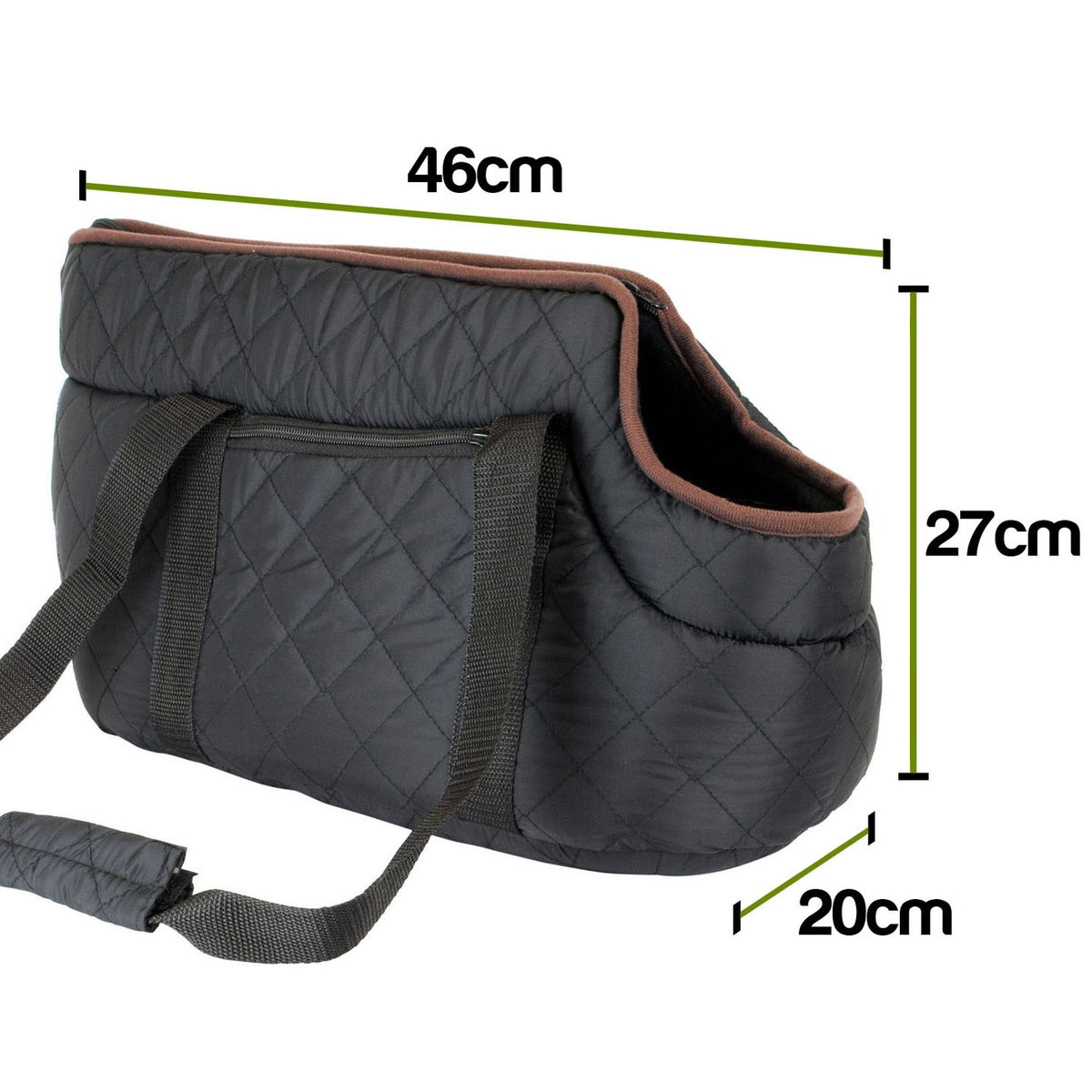 Black quilted pet carrier bag with brown trim, shown with green dimension lines and text indicating measurements of 46cm, 27cm, and 20cm on a white background.