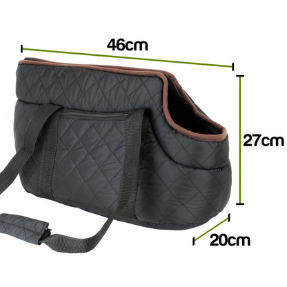 Black quilted pet carrier bag with brown trim, shown with green dimension lines and text indicating measurements of 46cm, 27cm, and 20cm on a white background.