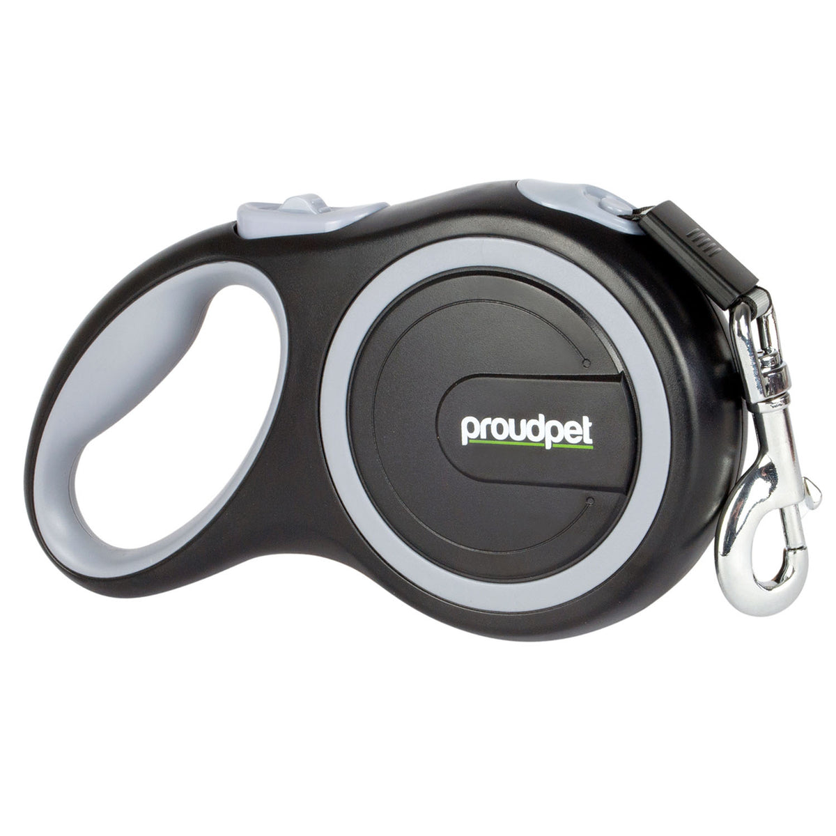 Black retractable dog leash with 'proudpet' branding on a white background