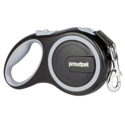 Black retractable dog leash with 'proudpet' branding on a white background