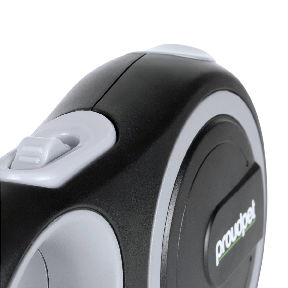 Close-up of a black and gray device with 'proudpet' branding on a white background