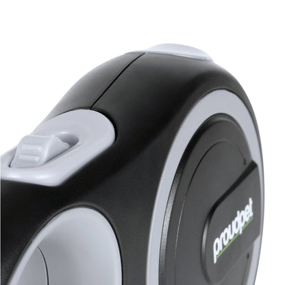 Close-up of a black and gray device with 'proudpet' branding on a white background