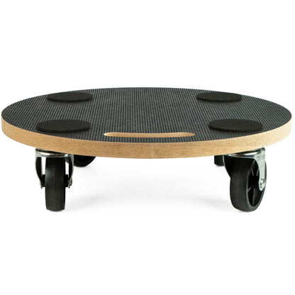 A circular wheeled dolly platform with a textured black top surface, four black rubber feet, and a light wood edge, shown on a white background.