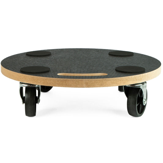 A circular wheeled dolly platform with a textured black top surface, four black rubber feet, and a light wood edge, shown on a white background.