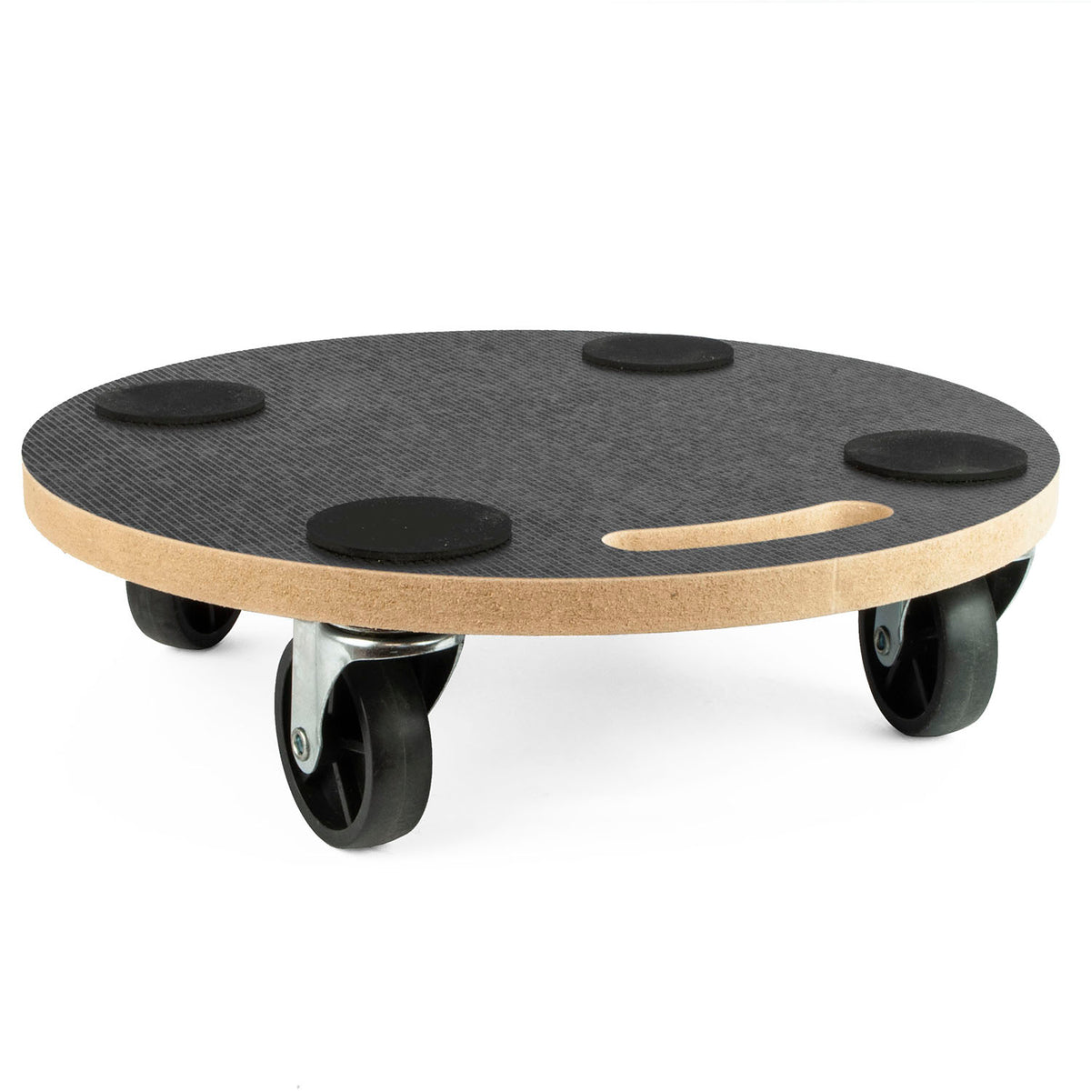 A circular wheeled dolly platform with a black textured top, four black caster wheels, and a natural light wood edge, shown on a white background.