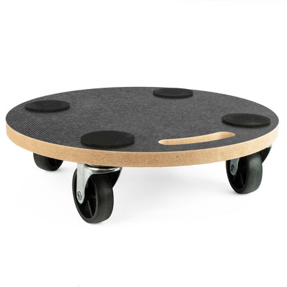 A circular wheeled dolly platform with a black textured top, four black caster wheels, and a natural light wood edge, shown on a white background.