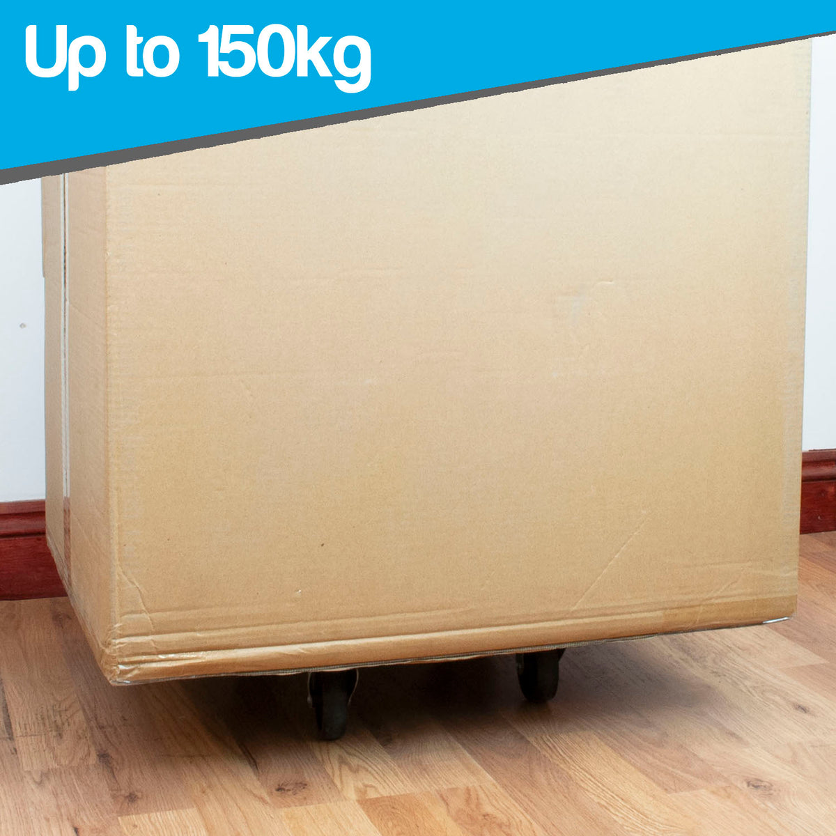 A large brown cardboard shipping box on black caster wheels, shown in an indoor room with wood flooring and a white wall. A blue banner at the top reads 'Up to 150kg'.